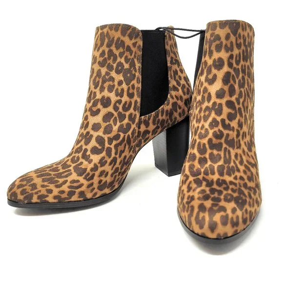Women's Ankle Block Heel Boots, Leopard Print Booties - Picture 1 of 5